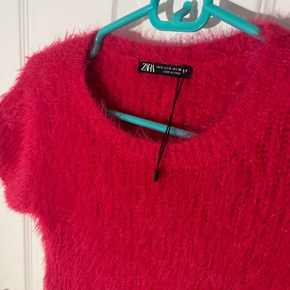 ZARA faux fur pink short sleeve cropped top - Picture 3 of 4